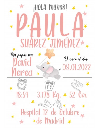 Lámina de nacimiento personalizada Elefante