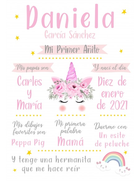 Lámina Mi Primer Añito personalizada Unicornio