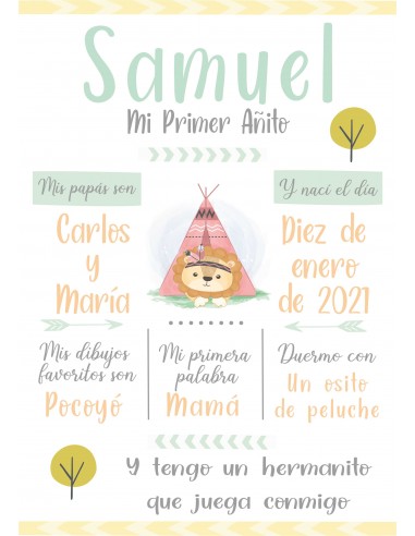 Lámina Mi Primer Añito personalizada Indio