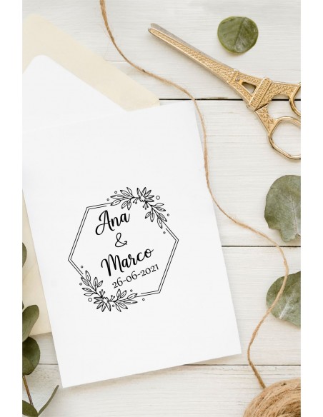 Sello boda personalizado hexágono floral