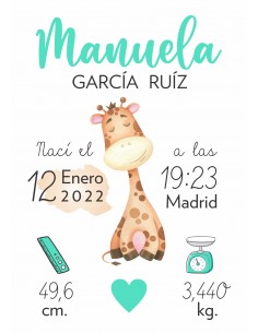 Lámina de nacimiento personalizada Jirafa 2