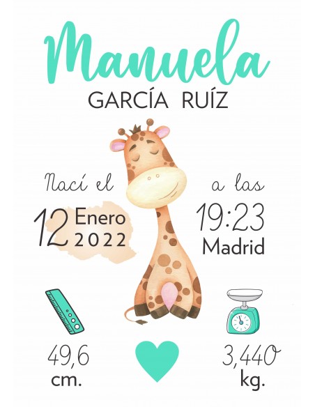 Lámina de nacimiento personalizada Jirafa