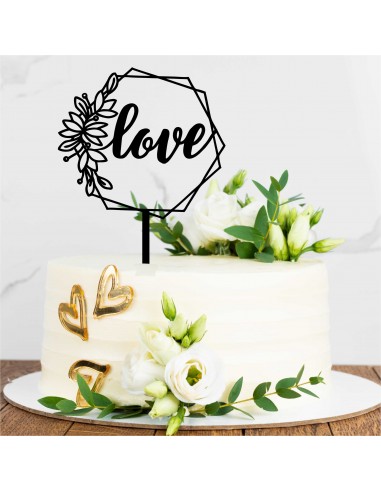 Comprar cake topper "Love" con forma hexagonal y flores