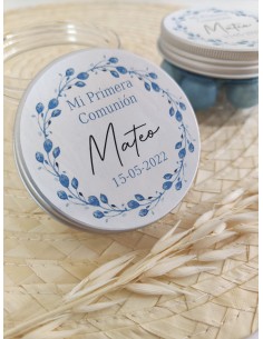 Bote para gominolas con pegatina flores azules