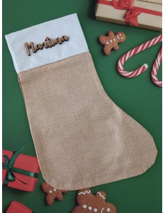 Calcetín navideño de color beige con nombre personalizado